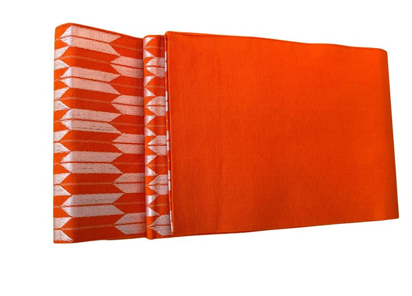Japanese Vintage Hanhaba Obi – Orange Arrow Feather (Yabane) Pattern, Reversible Women's Sash