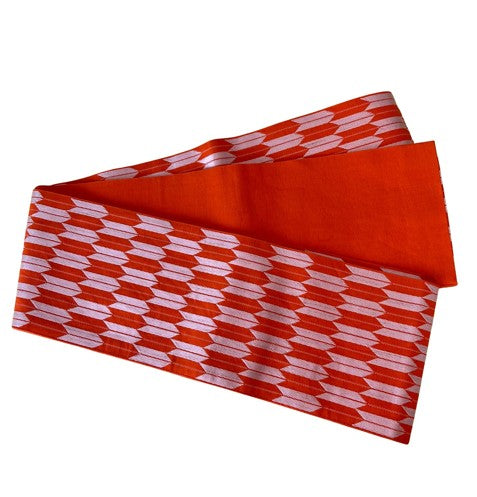 Japanese Vintage Hanhaba Obi – Orange Arrow Feather (Yabane) Pattern, Reversible Women's Sash