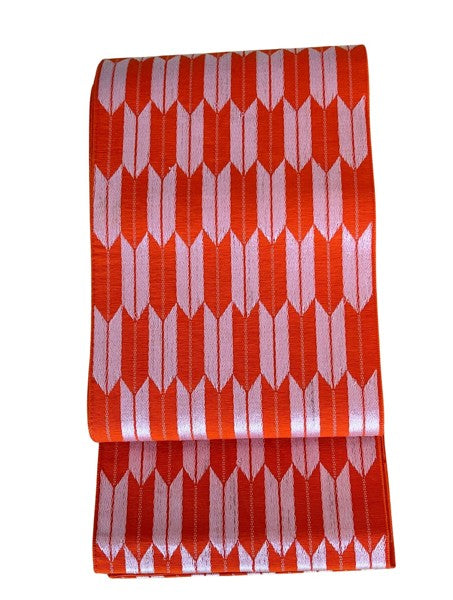 Japanese Vintage Hanhaba Obi – Orange Arrow Feather (Yabane) Pattern, Reversible Women's Sash