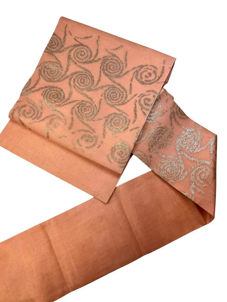 Japanese Vintage Nagoya Obi – Traditional Women's obi 100% Silk Kimono Belt– Dusty Pink with Silver Swirl Pattern