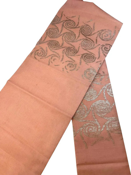 Japanese Vintage Nagoya Obi – Traditional Women's obi 100% Silk Kimono Belt– Dusty Pink with Silver Swirl Pattern