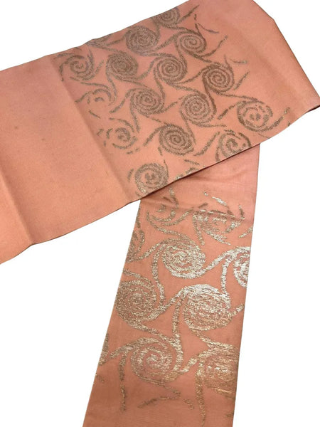Japanese Vintage Nagoya Obi – Traditional Women's obi 100% Silk Kimono Belt– Dusty Pink with Silver Swirl Pattern