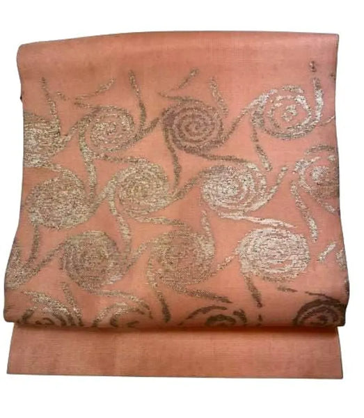 Japanese Vintage Nagoya Obi – Traditional Women's obi 100% Silk Kimono Belt– Dusty Pink with Silver Swirl Pattern