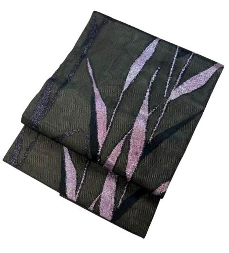 Vintage Japanese Nagoya Obi – Black Silk Kimono Sash with Shimmering Purple Lame Leaf Design