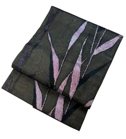 Vintage Japanese Nagoya Obi – Black Silk Kimono Sash with Shimmering Purple Lame Leaf Design
