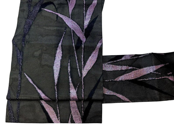Vintage Japanese Nagoya Obi – Black Silk Kimono Sash with Shimmering Purple Lame Leaf Design