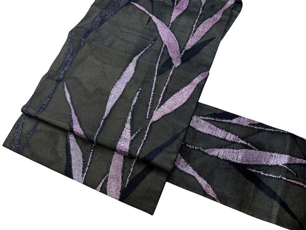 Vintage Japanese Nagoya Obi – Black Silk Kimono Sash with Shimmering Purple Lame Leaf Design