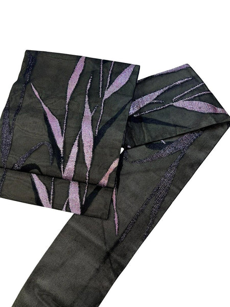 Vintage Japanese Nagoya Obi – Black Silk Kimono Sash with Shimmering Purple Lame Leaf Design