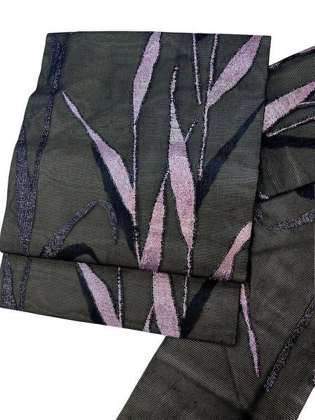 Vintage Japanese Nagoya Obi – Black Silk Kimono Sash with Shimmering Purple Lame Leaf Design