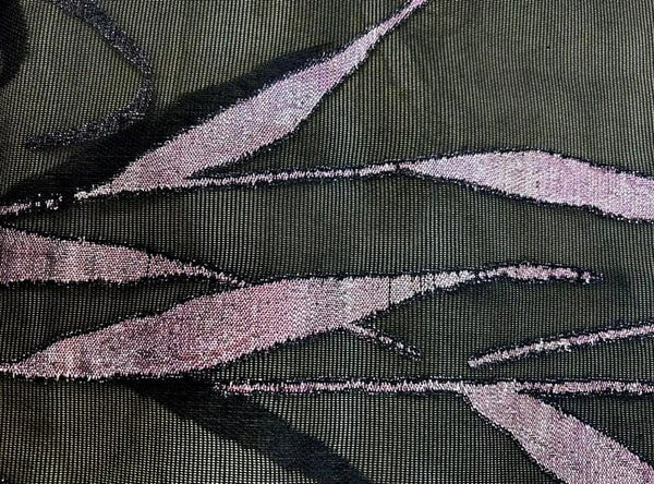 Vintage Japanese Nagoya Obi – Black Silk Kimono Sash with Shimmering Purple Lame Leaf Design