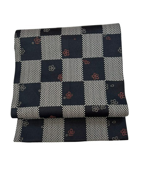 Japanese Nagoya Obi – Black & White Checkered Sakura Traditional Kimono sash Belt