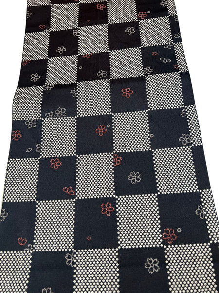 Japanese Nagoya Obi – Black & White Checkered Sakura Traditional Kimono sash Belt