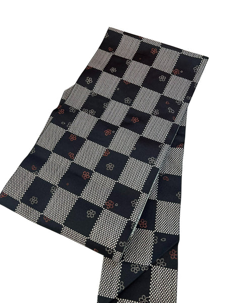 Japanese Nagoya Obi – Black & White Checkered Sakura Traditional Kimono sash Belt