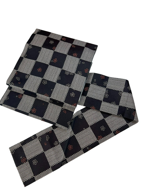 Japanese Nagoya Obi – Black & White Checkered Sakura Traditional Kimono sash Belt