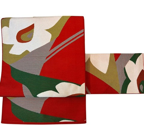 Vintage Nagoya Obi with Bold Red and White Floral Design – Japanese Kimono Belt