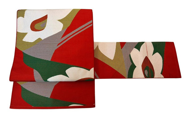 Vintage Nagoya Obi with Bold Red and White Floral Design – Japanese Kimono Belt