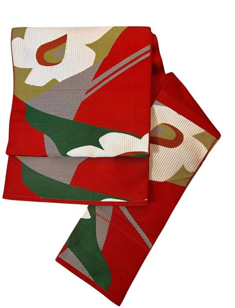 Vintage Nagoya Obi with Bold Red and White Floral Design – Japanese Kimono Belt