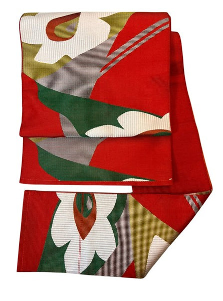 Vintage Nagoya Obi with Bold Red and White Floral Design – Japanese Kimono Belt