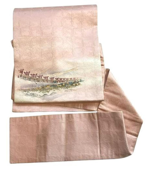 Vintage Silk Nagoya Obi – Pale Pink Japanese Kimono Belt with Scenic Embroidery | Traditional Kimono Accessory | Handmade Textile Art