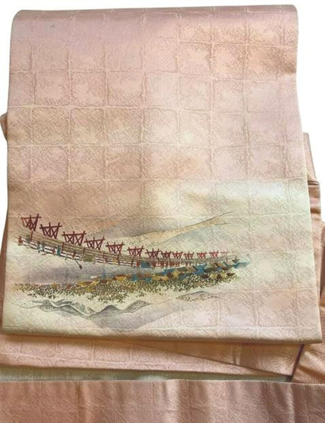 Vintage Silk Nagoya Obi – Pale Pink Japanese Kimono Belt with Scenic Embroidery | Traditional Kimono Accessory | Handmade Textile Art