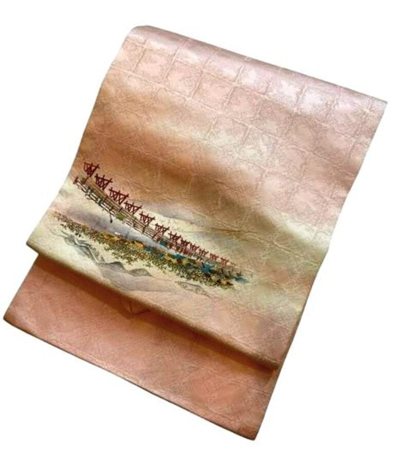 Vintage Silk Nagoya Obi – Pale Pink Japanese Kimono Belt with Scenic Embroidery | Traditional Kimono Accessory | Handmade Textile Art