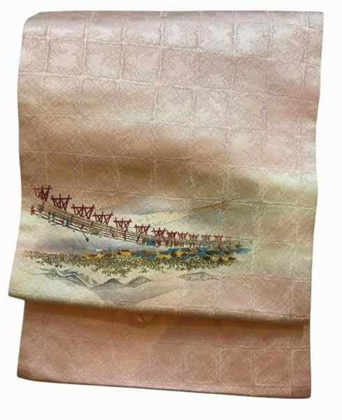 Vintage Silk Nagoya Obi – Pale Pink Japanese Kimono Belt with Scenic Embroidery | Traditional Kimono Accessory | Handmade Textile Art