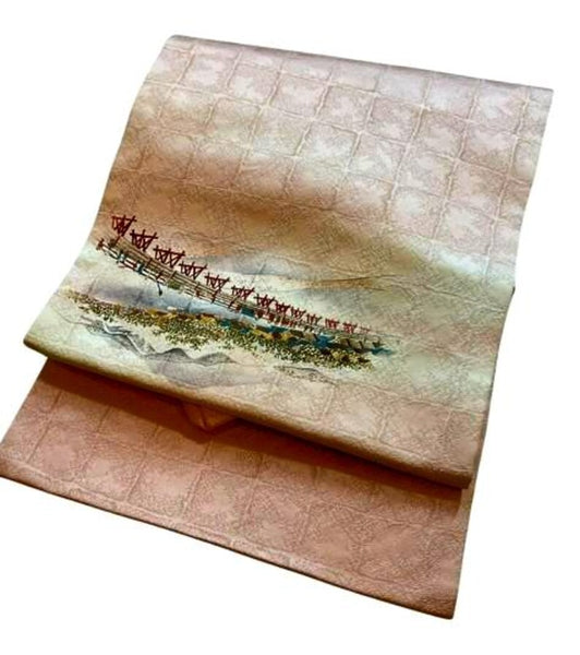Vintage Silk Nagoya Obi – Pale Pink Japanese Kimono Belt with Scenic Embroidery | Traditional Kimono Accessory | Handmade Textile Art