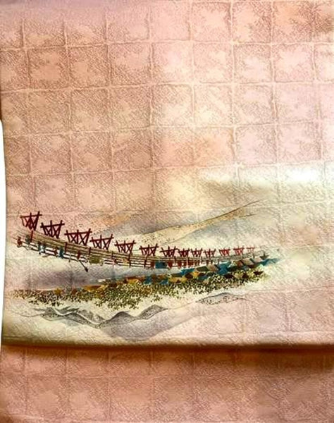Vintage Silk Nagoya Obi – Pale Pink Japanese Kimono Belt with Scenic Embroidery | Traditional Kimono Accessory | Handmade Textile Art