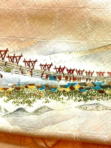 Vintage Silk Nagoya Obi – Pale Pink Japanese Kimono Belt with Scenic Embroidery | Traditional Kimono Accessory | Handmade Textile Art