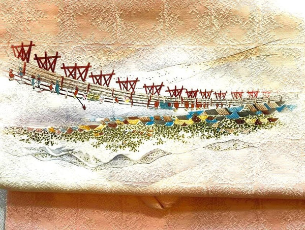 Vintage Silk Nagoya Obi – Pale Pink Japanese Kimono Belt with Scenic Embroidery | Traditional Kimono Accessory | Handmade Textile Art