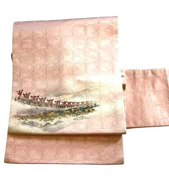 Vintage Silk Nagoya Obi – Pale Pink Japanese Kimono Belt with Scenic Embroidery | Traditional Kimono Accessory | Handmade Textile Art