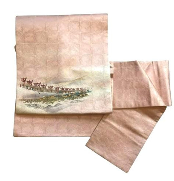 Vintage Silk Nagoya Obi – Pale Pink Japanese Kimono Belt with Scenic Embroidery | Traditional Kimono Accessory | Handmade Textile Art