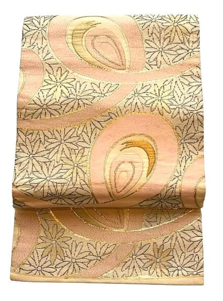 Vintage Japanese Nagoya Obi Belt – Blush Pink & Gold Asanoha Pattern, Elegant Silk Kimono Sash