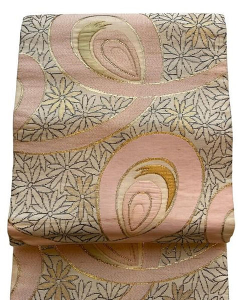 Vintage Japanese Nagoya Obi Belt – Blush Pink & Gold Asanoha Pattern, Elegant Silk Kimono Sash