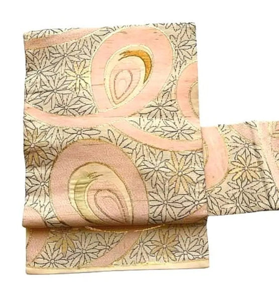 Vintage Japanese Nagoya Obi Belt – Blush Pink & Gold Asanoha Pattern, Elegant Silk Kimono Sash