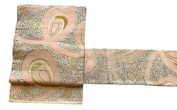 Vintage Japanese Nagoya Obi Belt – Blush Pink & Gold Asanoha Pattern, Elegant Silk Kimono Sash
