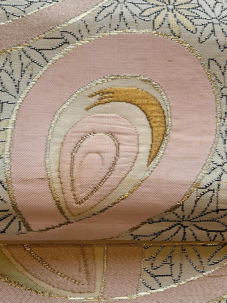 Vintage Japanese Nagoya Obi Belt – Blush Pink & Gold Asanoha Pattern, Elegant Silk Kimono Sash