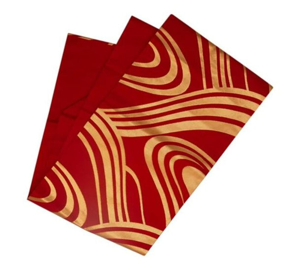 Elegant Red & Gold Nagoya Obi – Japanese Silk Kimono Belt with Modern Wave Pattern