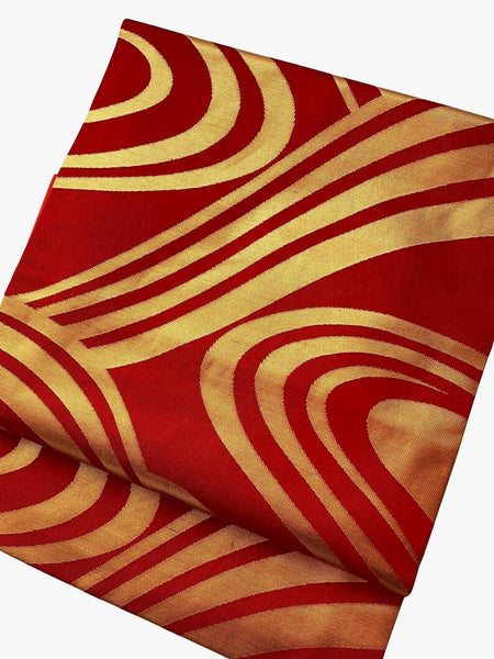Elegant Red & Gold Nagoya Obi – Japanese Silk Kimono Belt with Modern Wave Pattern