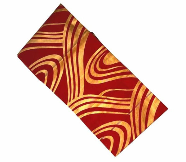 Elegant Red & Gold Nagoya Obi – Japanese Silk Kimono Belt with Modern Wave Pattern