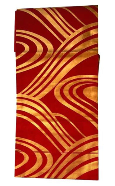 Elegant Red & Gold Nagoya Obi – Japanese Silk Kimono Belt with Modern Wave Pattern