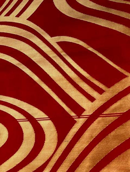 Elegant Red & Gold Nagoya Obi – Japanese Silk Kimono Belt with Modern Wave Pattern