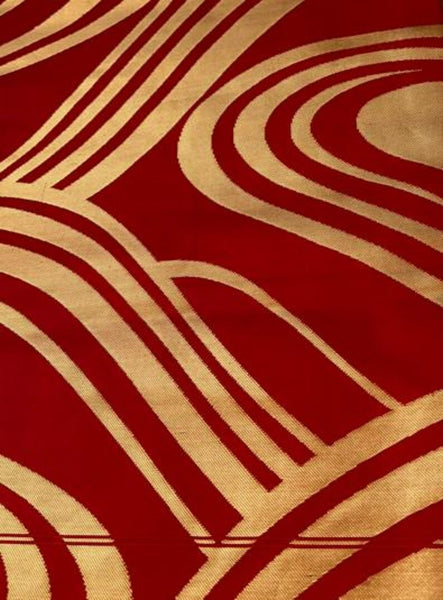 Elegant Red & Gold Nagoya Obi – Japanese Silk Kimono Belt with Modern Wave Pattern