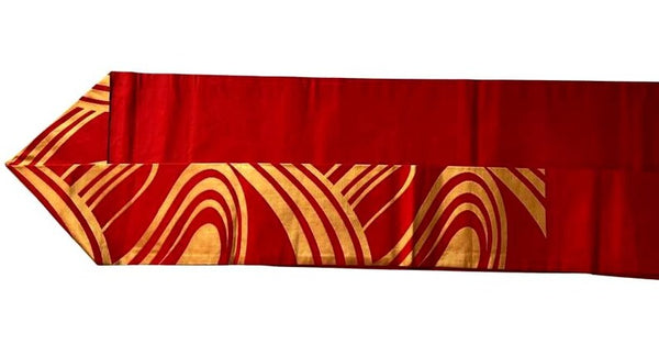 Elegant Red & Gold Nagoya Obi – Japanese Silk Kimono Belt with Modern Wave Pattern