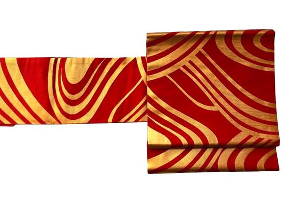 Elegant Red & Gold Nagoya Obi – Japanese Silk Kimono Belt with Modern Wave Pattern