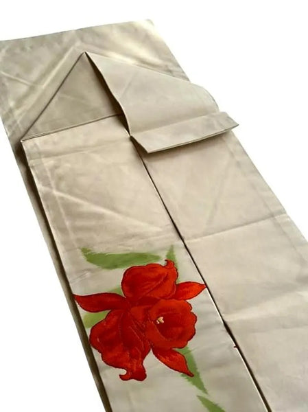 Vintage Japanese Nagoya Obi / Cream Silk / Hand-Painted & Embroidered Red Flower / Kimono Sash Belt