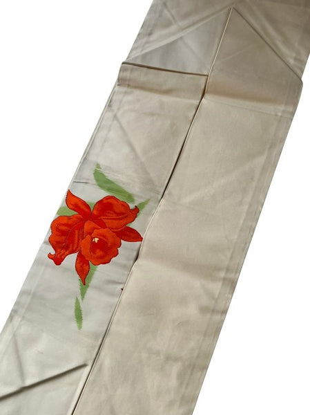 Vintage Japanese Nagoya Obi / Cream Silk / Hand-Painted & Embroidered Red Flower / Kimono Sash Belt