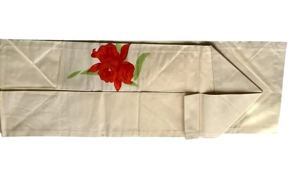 Vintage Japanese Nagoya Obi / Cream Silk / Hand-Painted & Embroidered Red Flower / Kimono Sash Belt