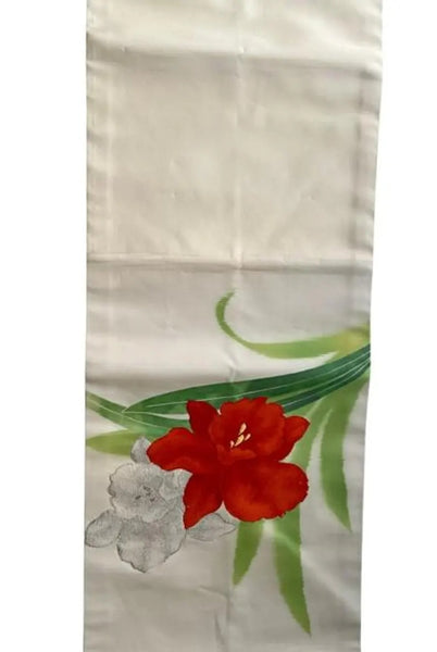 Vintage Japanese Nagoya Obi / Cream Silk / Hand-Painted & Embroidered Red Flower / Kimono Sash Belt