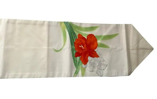 Vintage Japanese Nagoya Obi / Cream Silk / Hand-Painted & Embroidered Red Flower / Kimono Sash Belt